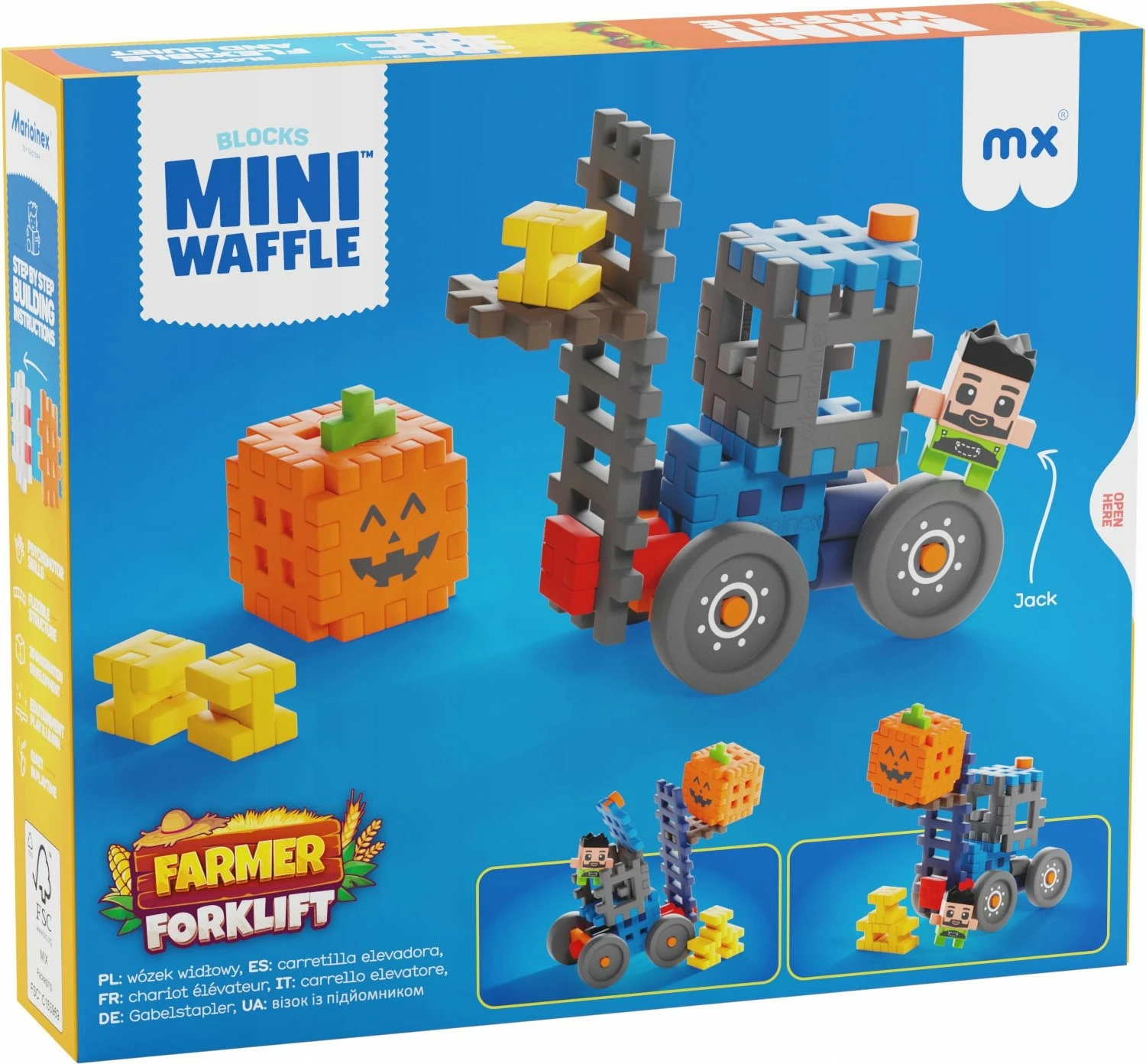 Set blloqe ndërtimi Marioinex Mini Waffle Farmer Forklift with Pumpkin 07511, 50 copë