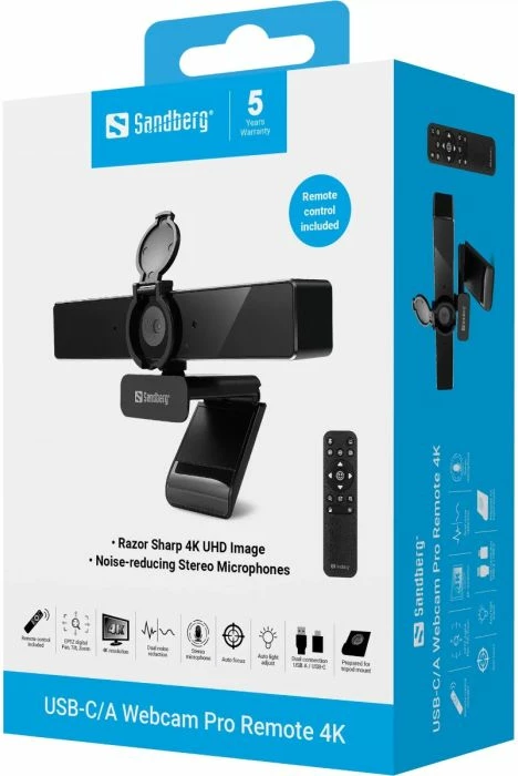 Webcam SANDBERG 134-45 4K USB-C/A me telekomandë, e zezë