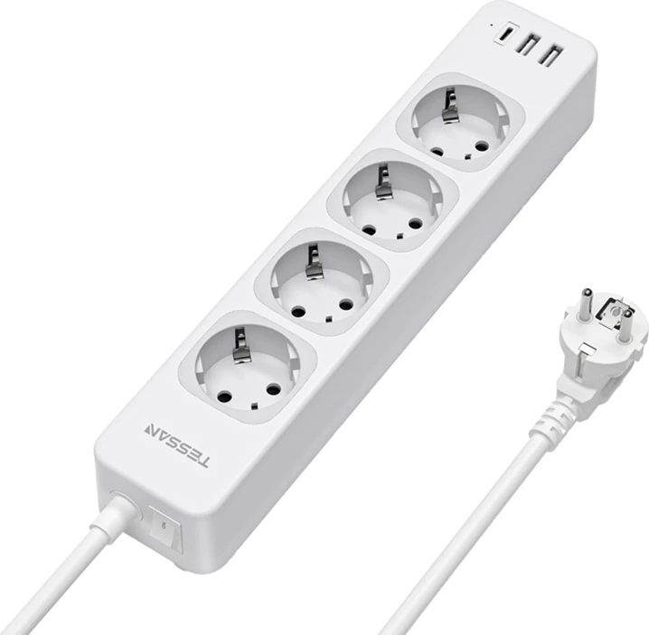Kasë Tessan TS-307-C, 4x AC, 2x USB-A, 1x USB-C, 2m, e bardhë