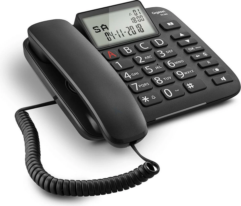 Telefon fiks analog Gigaset DL380, butona të mëdhenj, speakerphone, ekran LCD, i zi