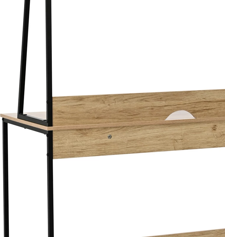 Tavolinë zyre me raft, ngjyrë lisi, këmbë metalike të zeza, Herbey, 100x48x139cm