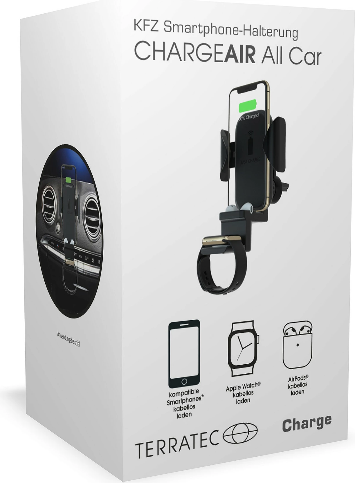 Karikues pa kabllo me mbajtës për veturë TerraTec ChargeAir All Car, Fast Charge, i zi