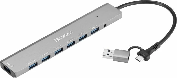 Hub USB SANDBERG 136-66, USB-C/A në 7x USB 3.0, 5 Gbit/s, kasë alumini, argjendtë