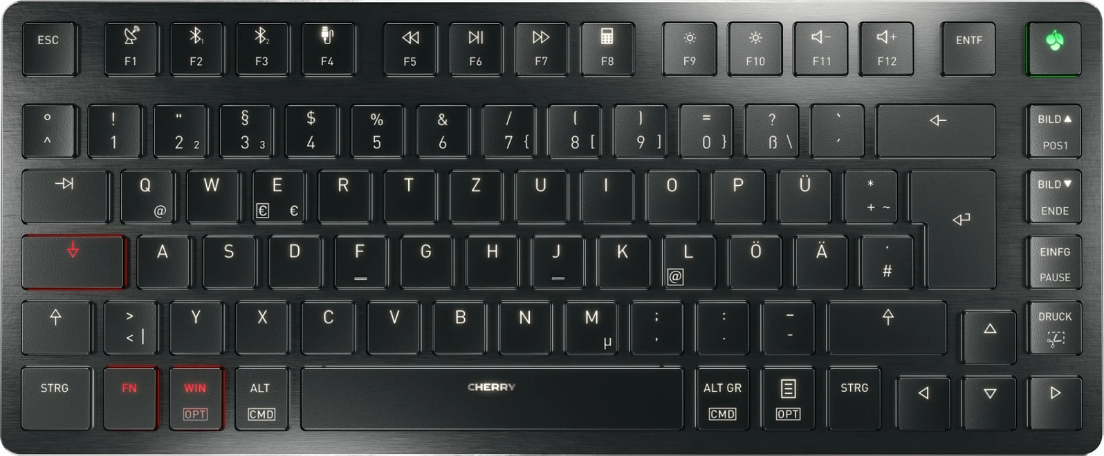 Tastierë mekanike Cherry KW X ULP 2.0 MINI, 75%, USB-C + RF 2.4GHz + Bluetooth 5.2, QWERTZ gjerman, LED i bardhë, e zezë