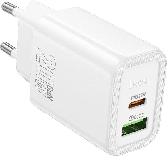 Adapter karikimi HOCO N61 GaN PD 20W, USB-A + Type-C, i bardhë