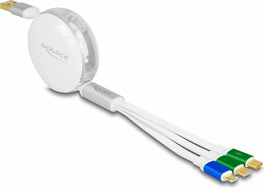 Kabllo karikimi 3-në-1 DeLOCK retraktabile, USB-A në Micro-USB + 2x USB-C, 1.13 m, 3A, e bardhë