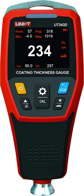 Matës trashësie boje dhe veshjesh, UNI-T UT343D, 0–1250 µm, ekran TFT 2", memorie 500 gr., lidhje USB, me kabllo USB, bateri dhe kuti