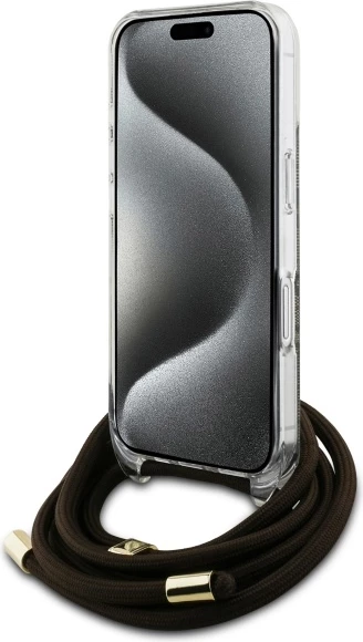 Mbështjellës Guess Crossbody Cord 4G Print për iPhone 16, Kafe