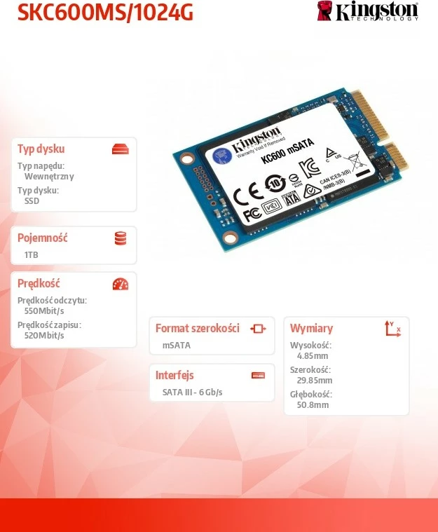 SSD Kingston KC600, 1024GB, mSATA, Blu