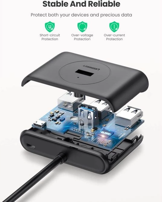 USB hub UGREEN 20291, 4 porte USB 3.0, kabllo 1 m, e zezë, në kuti