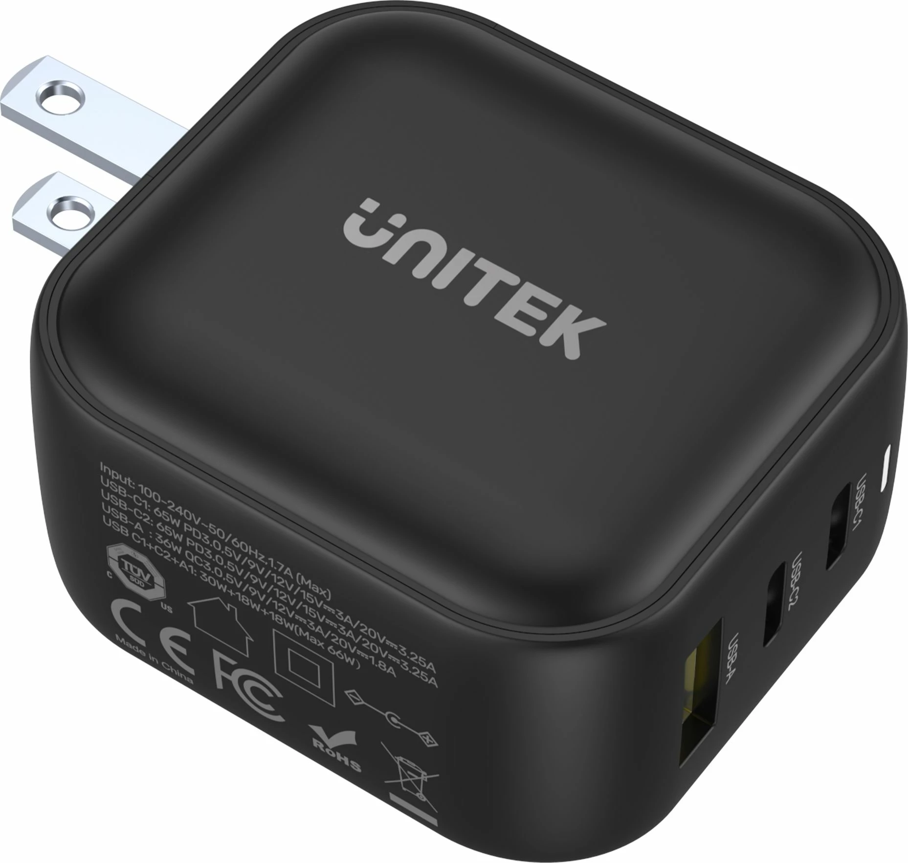 Karikues udhëtimi Unitek P1108ABK 66W 2x USB-C 1x USB-A Quick Charge/PD, i zi, set me adaptorë EU/UK/AUS