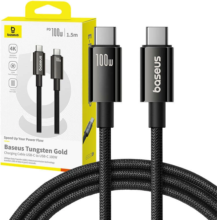 Kabllo USB-C në USB-C Baseus Tungsten Gold, 1.5m, 100W, e zezë