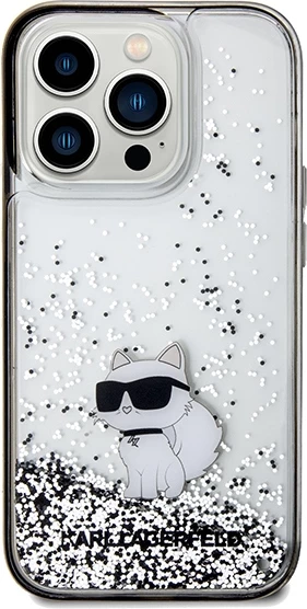 Mbështjellës Karl Lagerfeld Liquid Glitter Choupette për iPhone 14 Pro, transparent, argjendtë