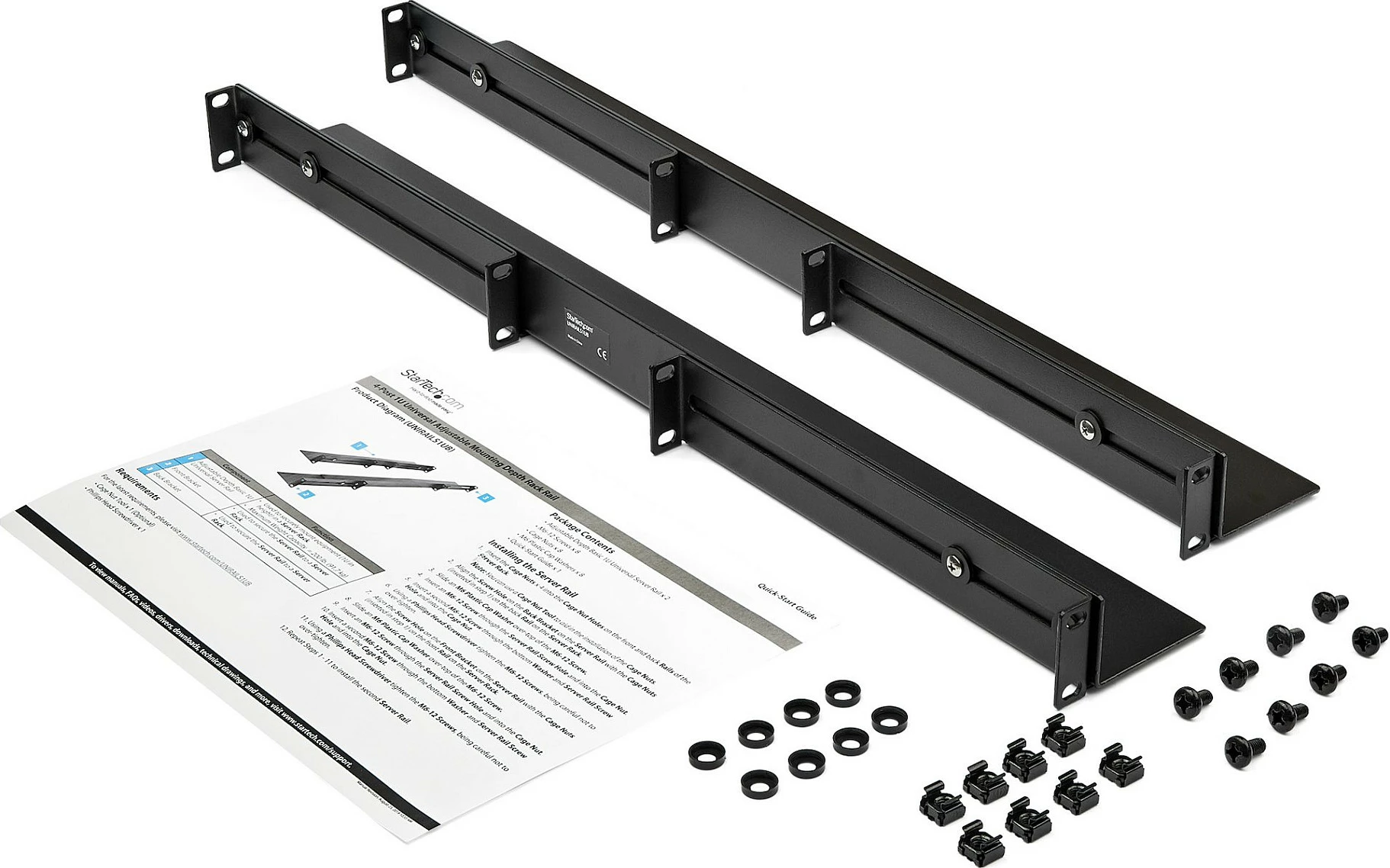 Shina rack serveri StarTech 1U, të rregullueshme për 4-post, deri 90.7 kg, e zezë