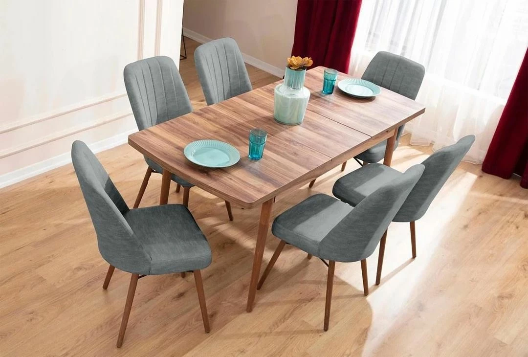 Tavolinë me karrige, zgjatshme, 7 copë, Skye Decor, Lidyana, ngjyrë gri