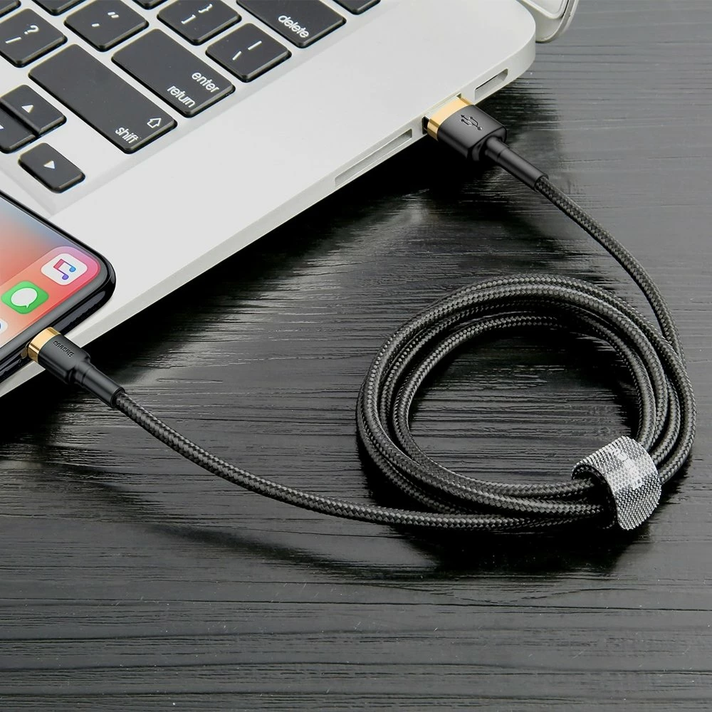 Kabllo Baseus Cafule CALKLF-RV1 USB-A në Lightning, 3m, 2A, QC 3.0, e zezë/artë