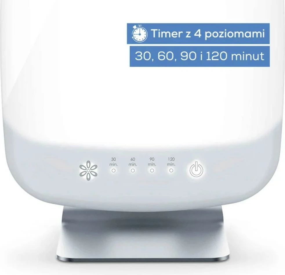 lampë dite, Beurer TL95, LED 10000 lux, sipërfaqe 30×37 cm, timer 30/60/90/120 min, e bardhë/argjendtë