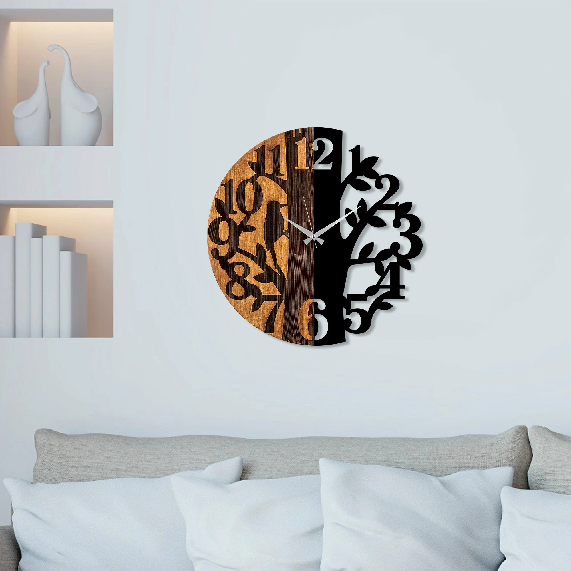 Orë muri dekorative prej druri, Wallity, ngjyrë arre dhe e zezë, 56cm