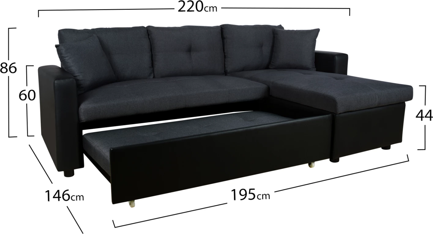 Kënd divani shtrat Wayne 220x146x86 FH3028.01 Gri me PU të zezë