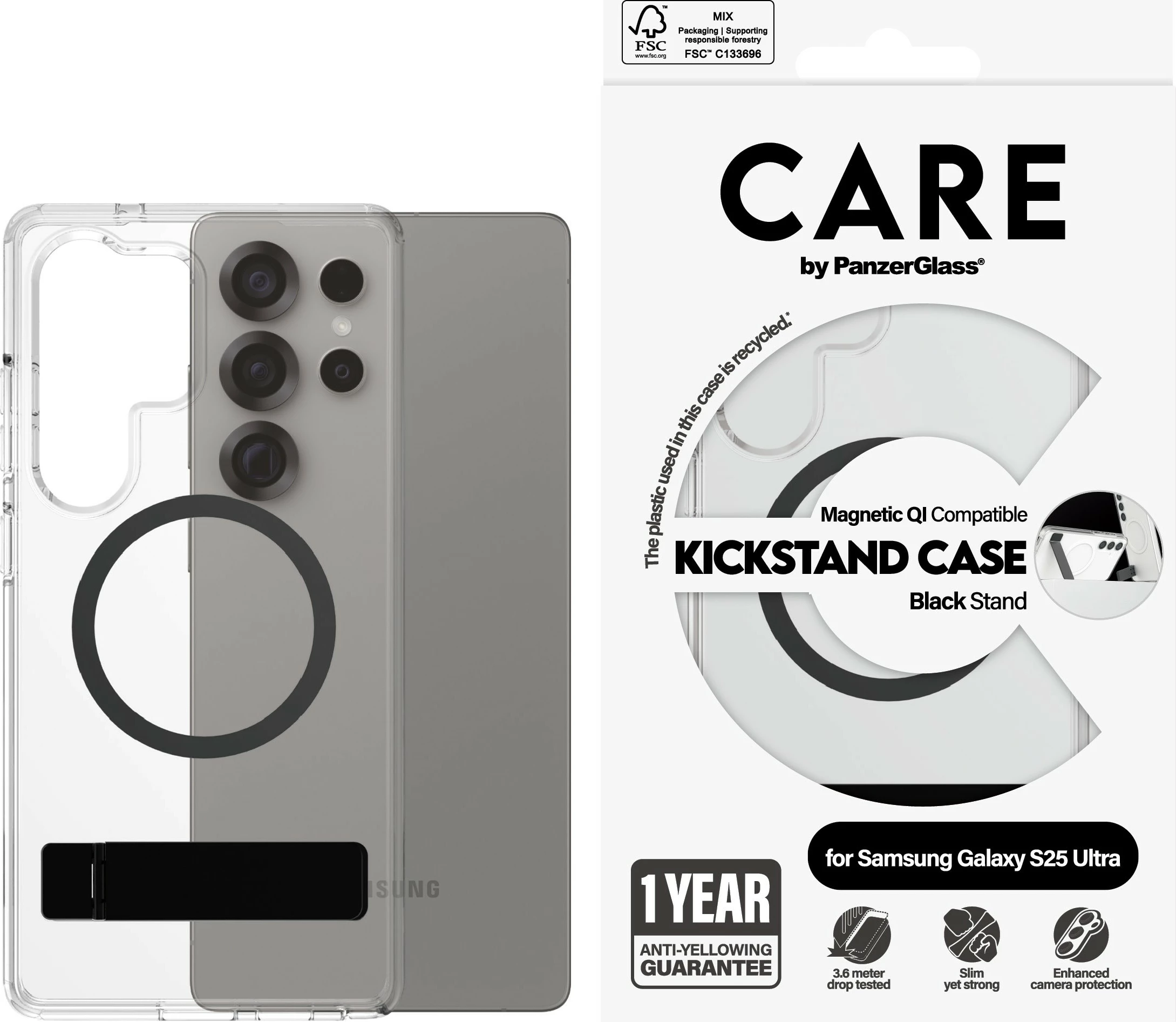 Mbështjellës PanzerGlass CARE Feature Case me kickstand & QI për Galaxy S25 Ultra, transparent