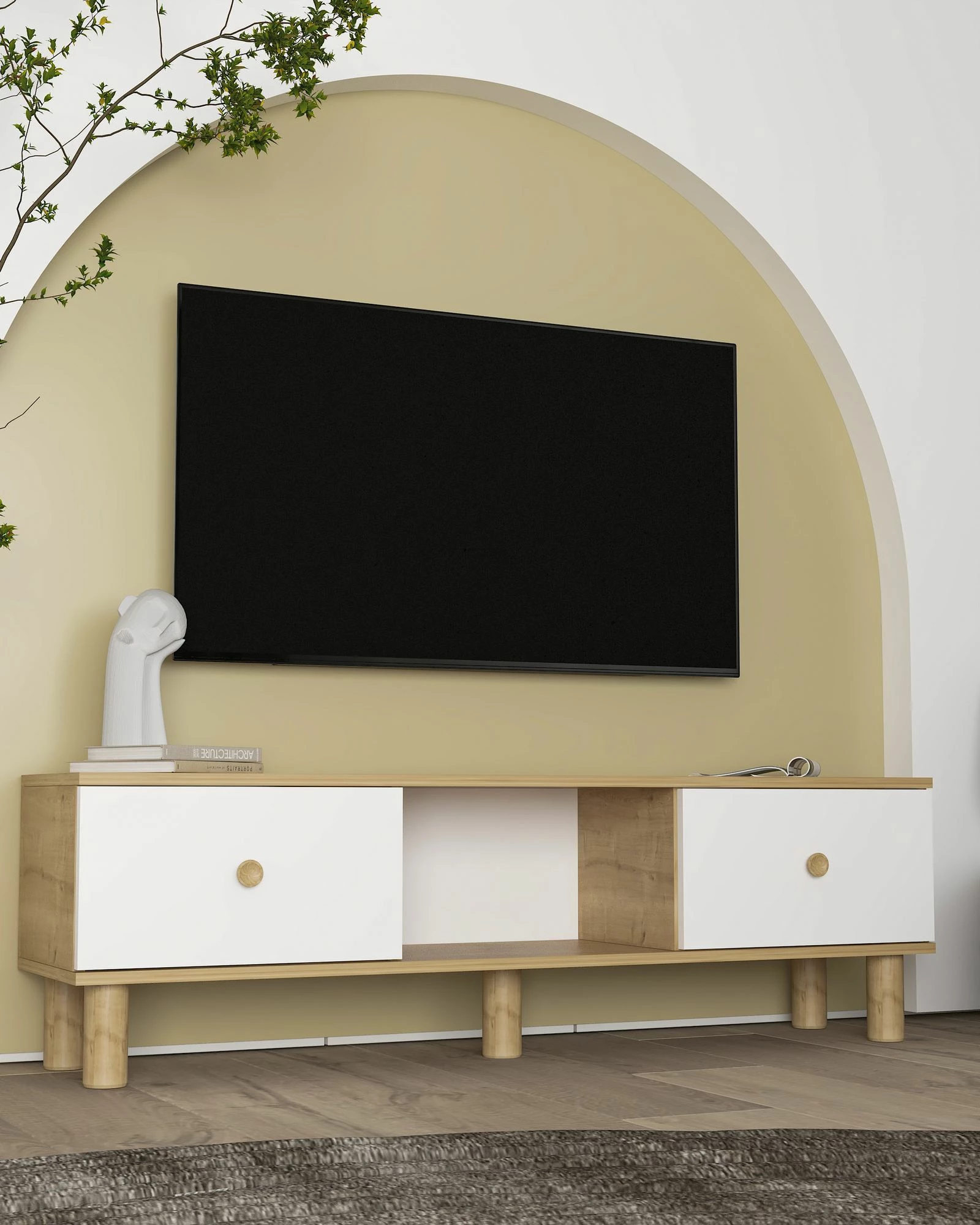 Komodë TV Skye Decor, ngjyrë lis safir dhe e bardhë