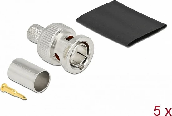 Konektor BNC DeLOCK për krimpim RG6, 75 Ω, Mashkull, 5 copë, çelik inox