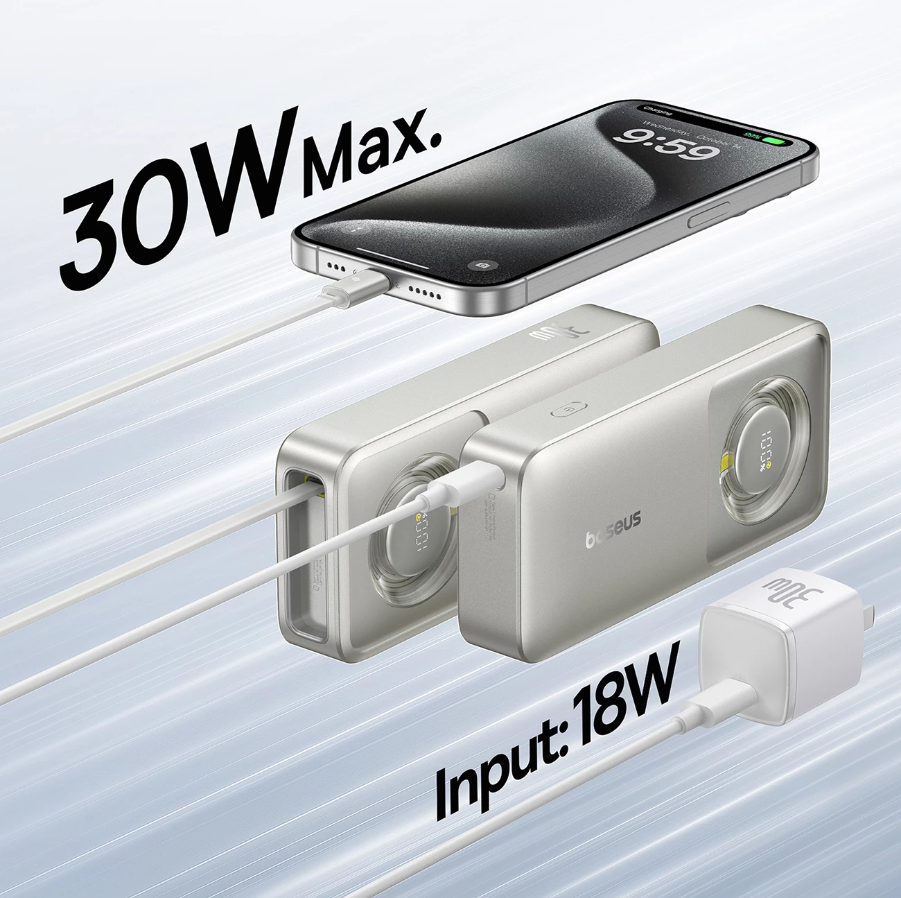 Powerbank Baseus Free2Pull 10000mAh, 30W, USB-C, me kabllo tërheqëse, Gri