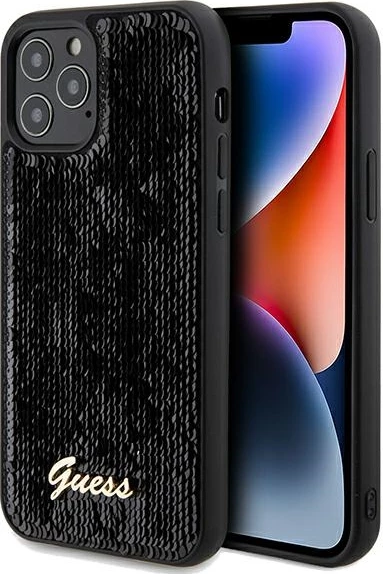 Mbështjellës Guess Sequin Script Metal për iPhone 12/12 Pro, i zi