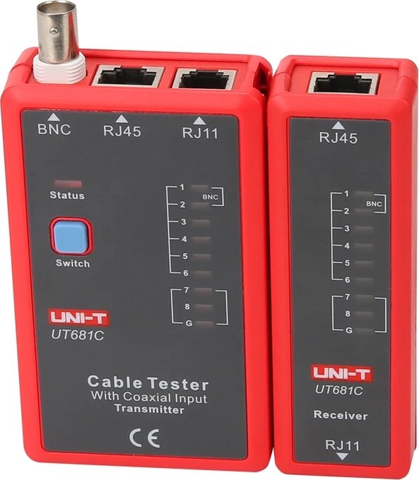 Testues kabllosh UNI-T UT681C RJ45/RJ11/BNC, LED, testim ekranimi, bateri 9V, e kuqe-gri set transmetues+marrës