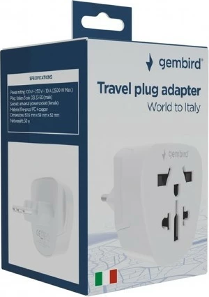 Adapter udhëtimi rryme, Gembird, A-AC-ITMINTF, 10A, universal në prizë italiane 3-pin (CEI 23-50), e bardhë