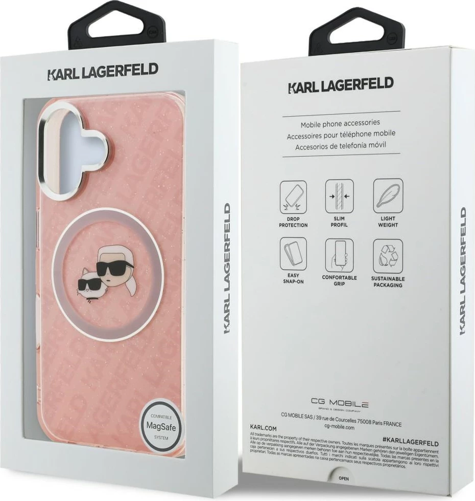 Mbështjellës Karl Lagerfeld IML Glitter Karl & Choupette Heads Logo, MagSafe, hardcase TPU/PC, për iPhone 16, rozë, me kuti