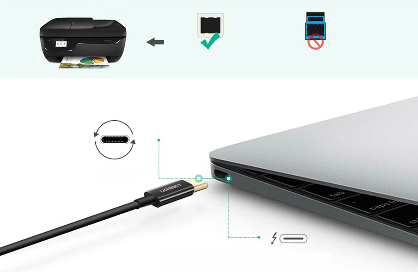 Kabllo printeri Ugreen US241, USB-C në USB-B, 2m, e zezë