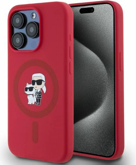 Mbështjellës Karl Lagerfeld Silicone Karl&Choupette Heads Ring MagSafe për iPhone 15 Pro, Kuq