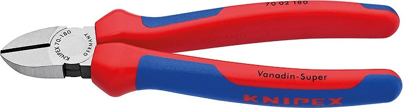 Këputëse diagonale Knipex 70 02 180, 180mm, krom-vanadium, dorezë plastike, kuqe/kaltër
