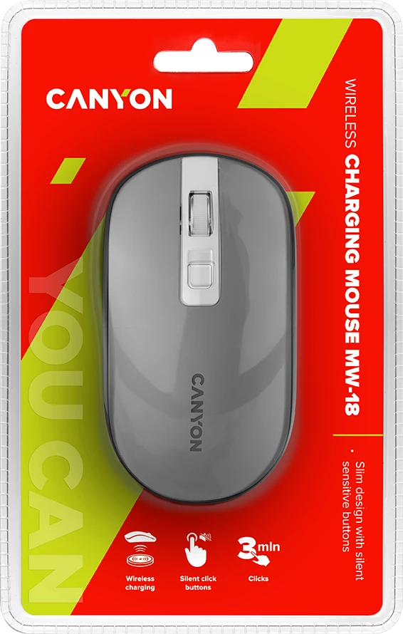 Maus wireless i rikarikueshëm CANYON MW-18, 2.4GHz, Silent Click, DPI 800/1200/1600, 300mAh, gri e errët
