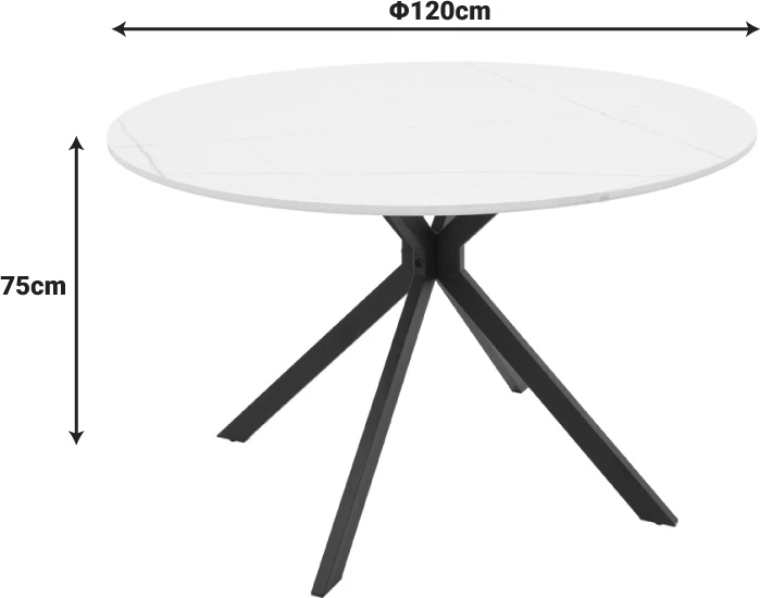Tavolinë Xuson, sipërfaqe mermeri të bardhë, këmbë metalike të zeza, D120x75cm