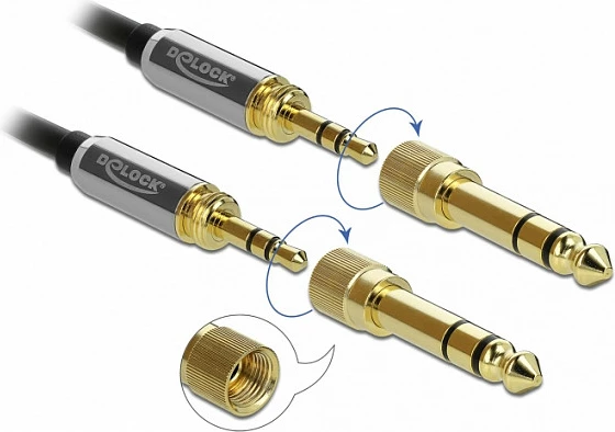 Kabllo audio stereo DeLOCK 85839, 3.5mm mashkull-mashkull, 5 m, spirale, me adapter 6.35mm, e zezë