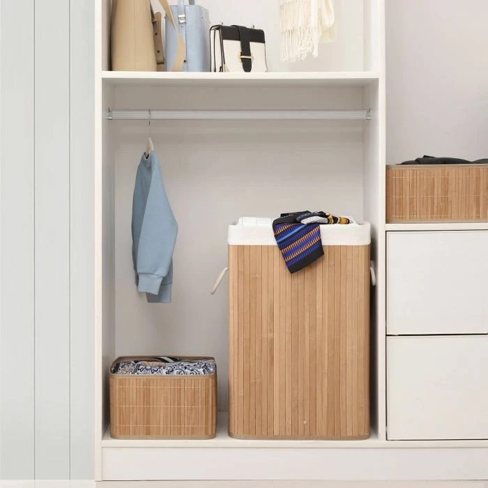 Shportë rrobash SONGMICS LCB10Y, 72L, 40 x 30 x 60 cm, bambu me kapak, me qese të heqshme e të lahet, natyral, 1 copë