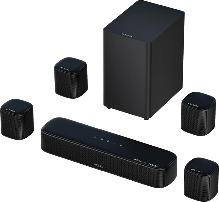 Soundbar Ultimea Aura A60 7.1 Dolby Atmos 350W Bluetooth 5.3, e zezë, set me subwoofer + 4 altoparlantë