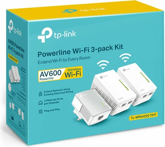 Powerline Wi‑Fi kit TP-LINK TL-WPA4220 TKIT AV600, Wi‑Fi 300Mbps, 2x LAN (WPA4220) + 1x LAN (PA4010), 3-pack, i bardhë