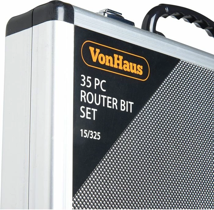 Set frezash për router VONHAUS 3515325, 35 copë, 1/4\" (6.35 mm), TCT, me kuti alumini