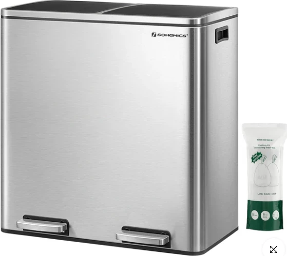 Kosh mbeturinash për ndarje SONGMICS LTB60NL, 2x30L (60L), me pedal, inox i argjendtë