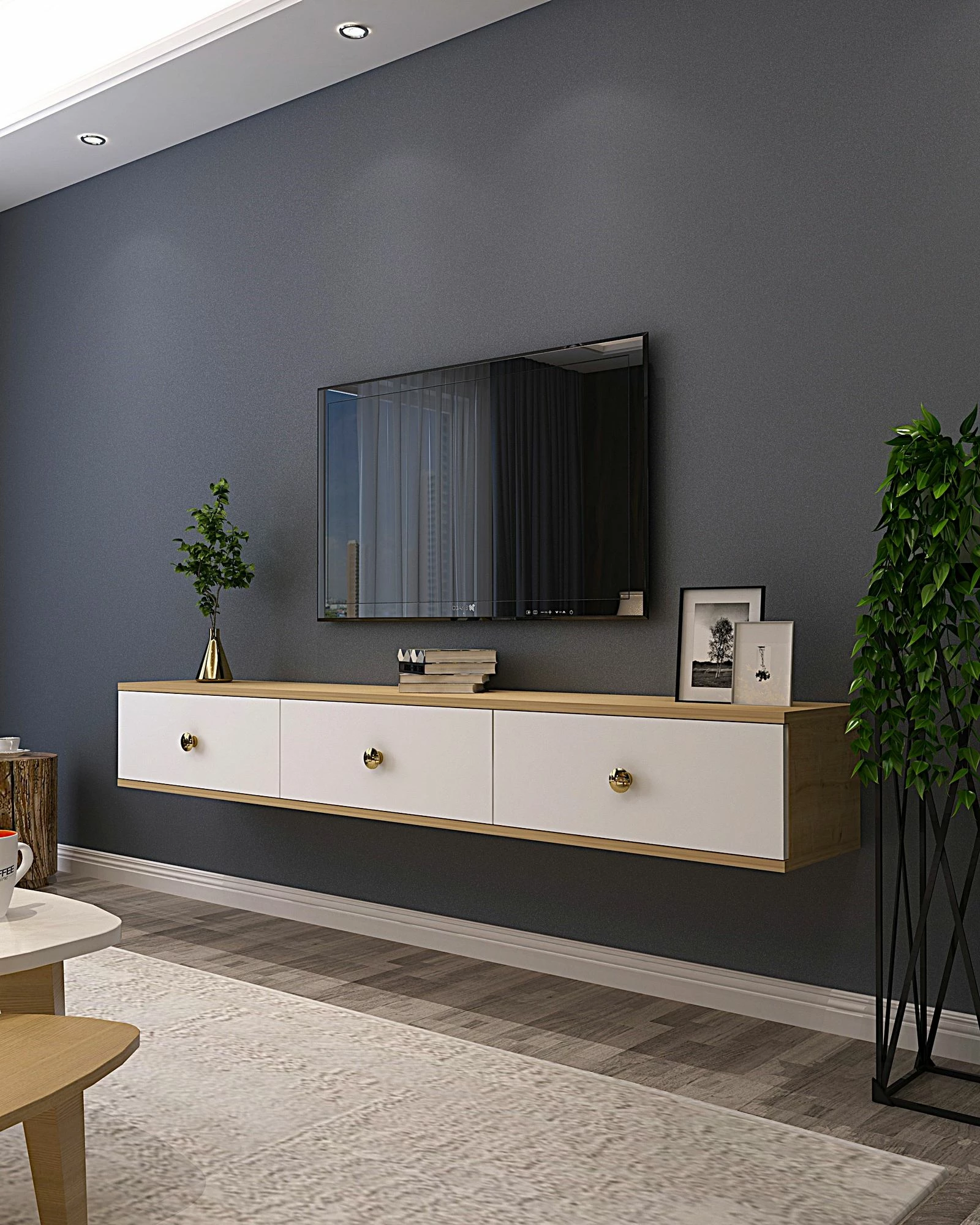 Komodë TV Skye Decor, Zuzu 180, ngjyrë lis safir dhe e bardhë