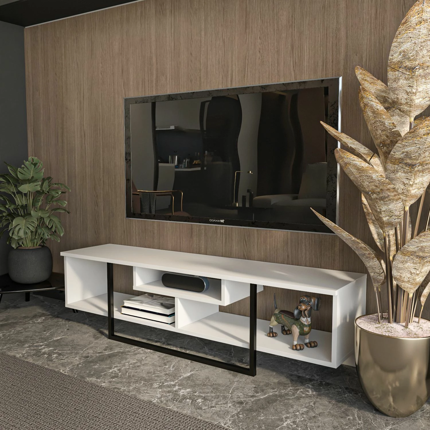 Komodë TV Skye Decor, e bardhë dhe e zezë, 150cm