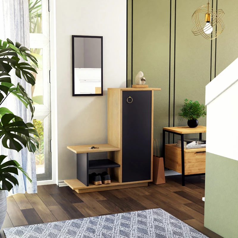 Mobilje hyrëse me pasqyrë Ceel, ngjyrë natyrale-karbon, 80x29.5x90cm