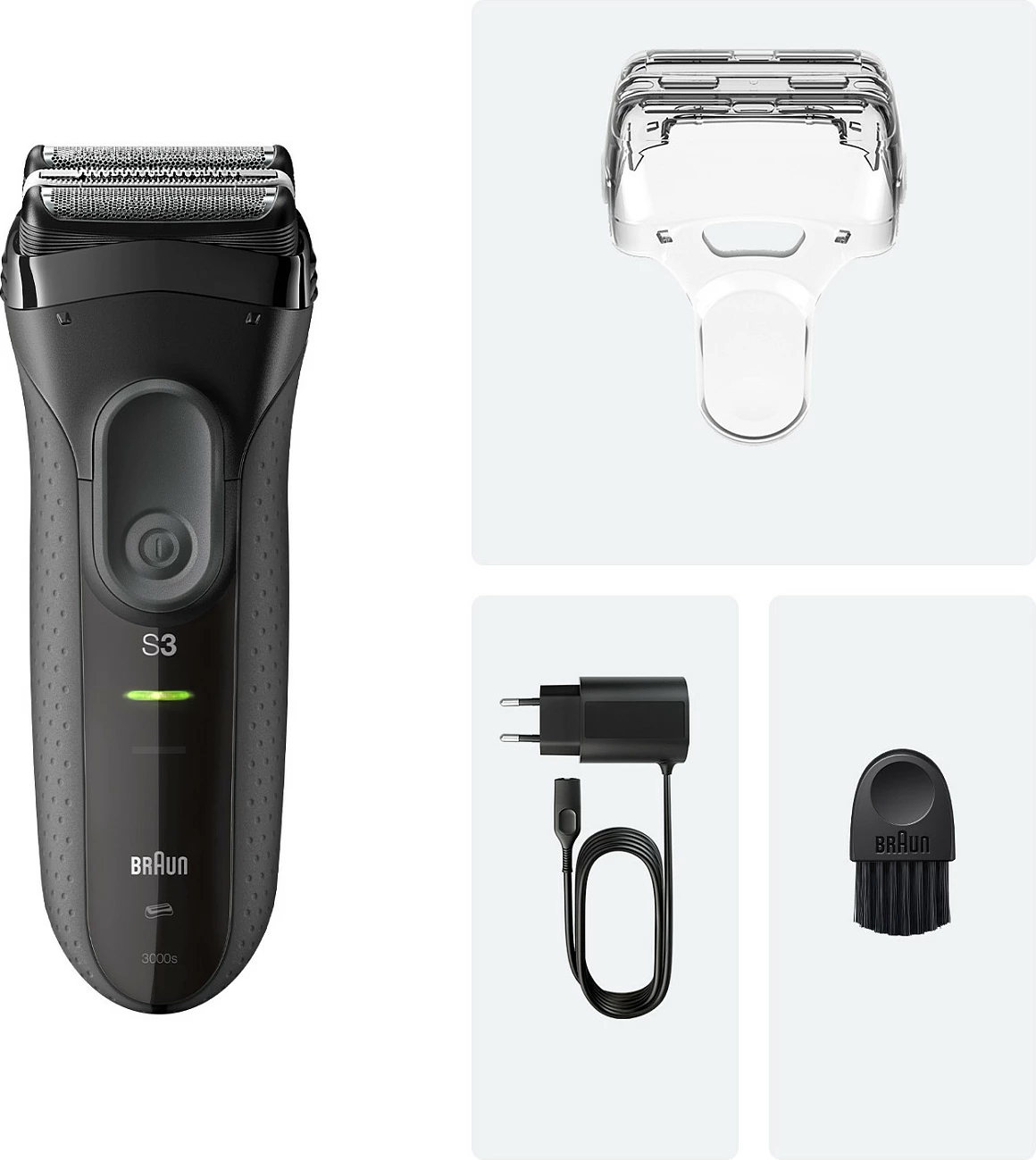 Makinë rroje Braun Series 3+ 3000, foil shaver, bateri NiMH, karikim i shpejtë, gri/zi