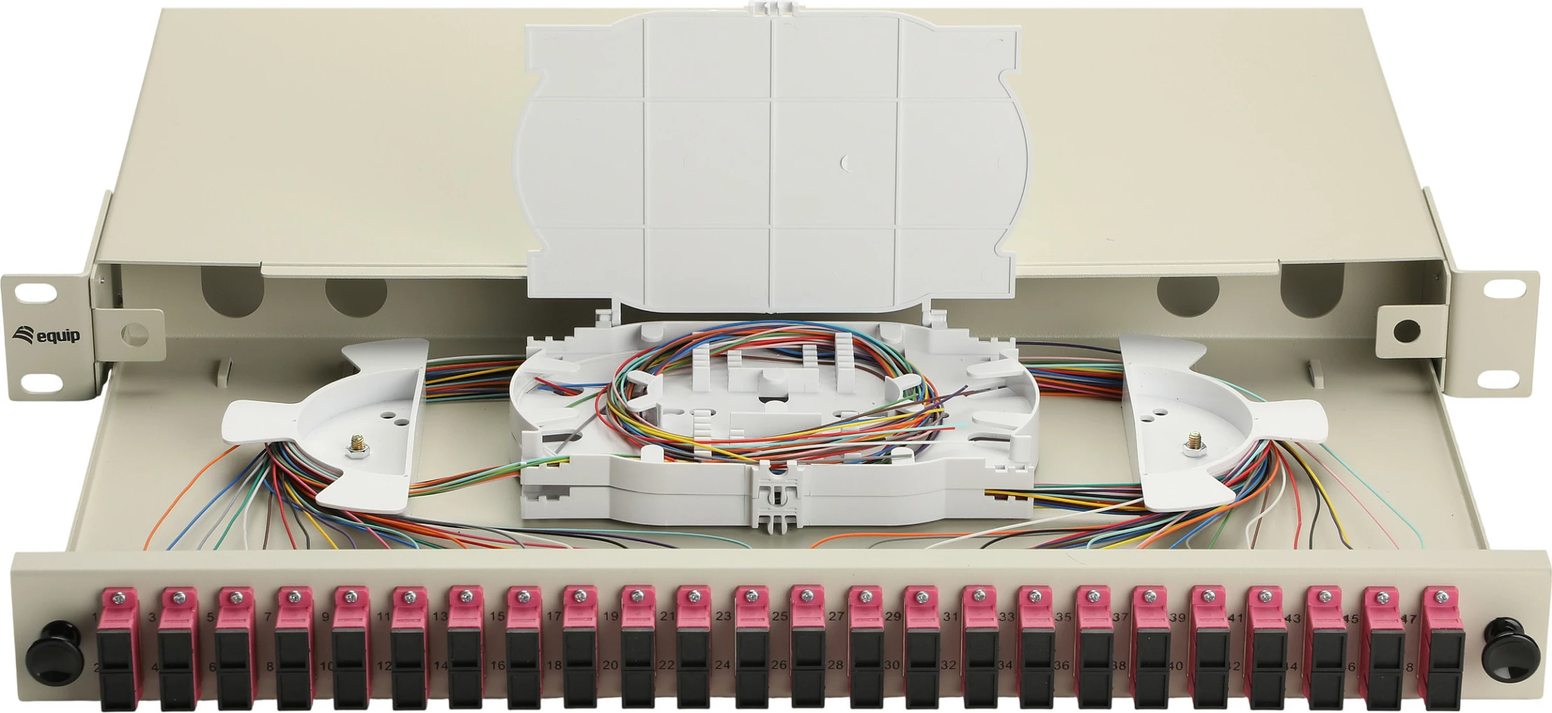 Kuti splice fibër optike EQUIP 337315, 24 porta SC Duplex, OM4, 1U rack, gri