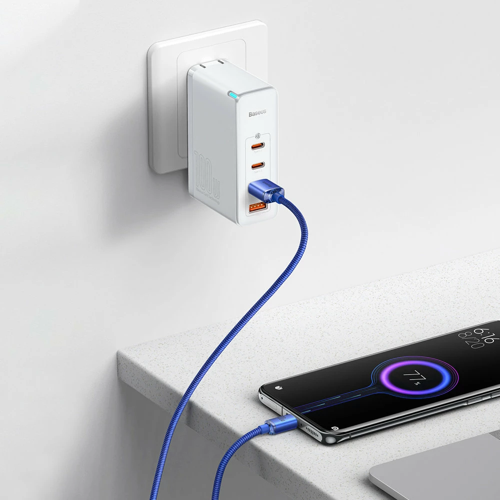 Kabllo karikimi e shpejtë Baseus Crystal Shine Series USB-A në USB-C, 1.2m, 100W, Kaltër