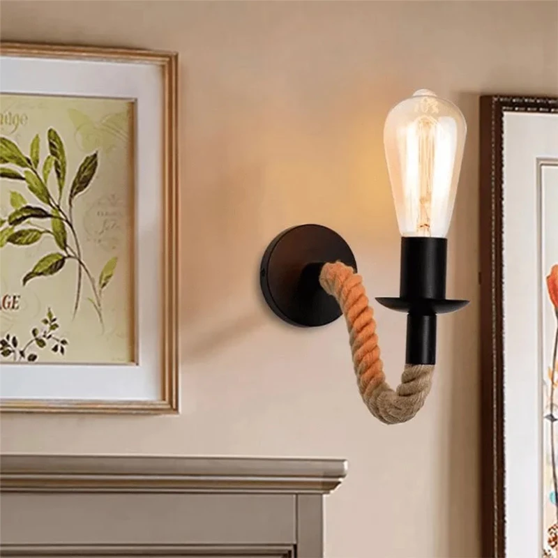 Llambë muri Kaniwel, metal i zi, litar natyral, 28x10x10cm