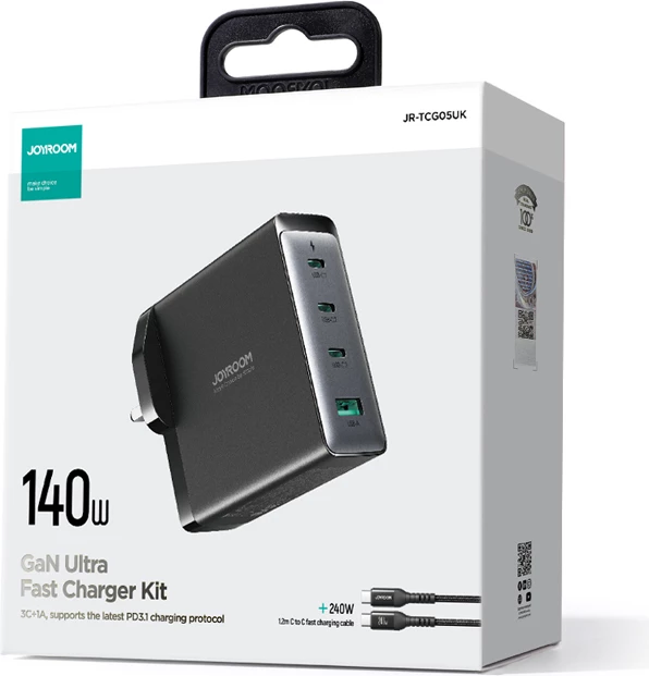 Karikues mur Joyroom JR-TCG05UK GaN, 140W, 3x USB-C, 1x USB-A, me kabllo USB-C/USB-C 240W 1.2m, i zi